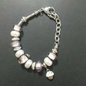 Bella Perlina Silver Tone Pink White Beaded Cupcake Charm Statement Bracelet